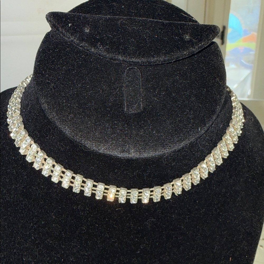 vintage rhinestone collar, multi-row Elegant brickwork Silver toned Necklace